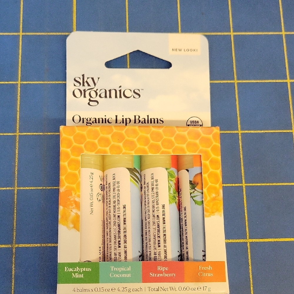 Sky Organics Organic Lip Balms wvBeeswax Set Of 4 Tubes New In Box